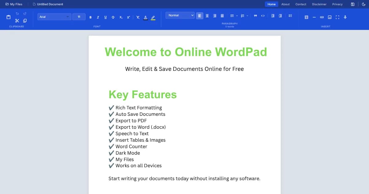 Online WordPad editor showing the ribbon toolbar, document page, and formatting tools